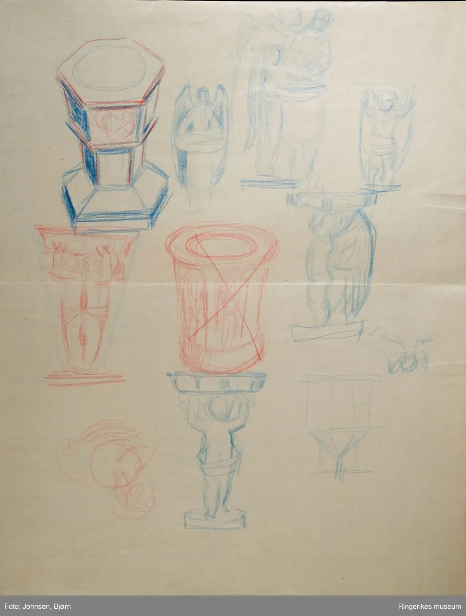 Tegning av Ståle Kyllingstad. Ant. tegninger og skisser til nye døpefont til Norderhov kirke.