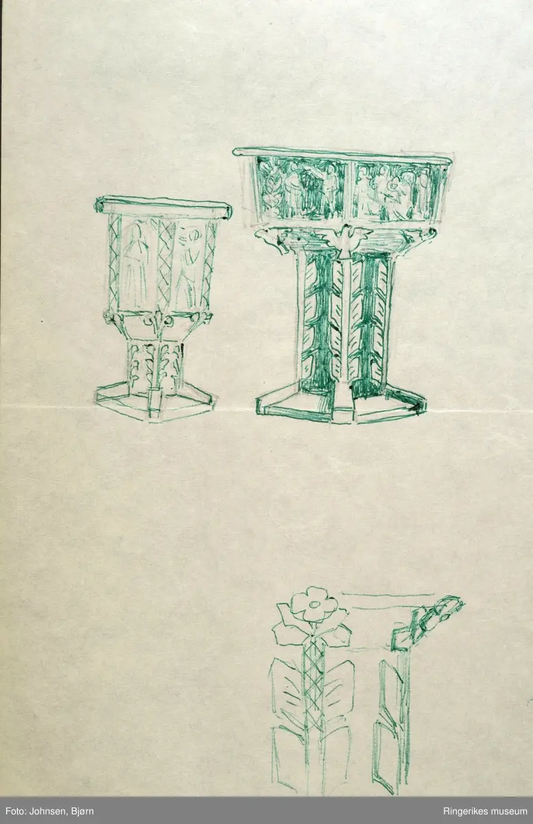 Tegning av Ståle Kyllingstad. Ant. tegninger og skisser til nye døpefont til Norderhov kirke.