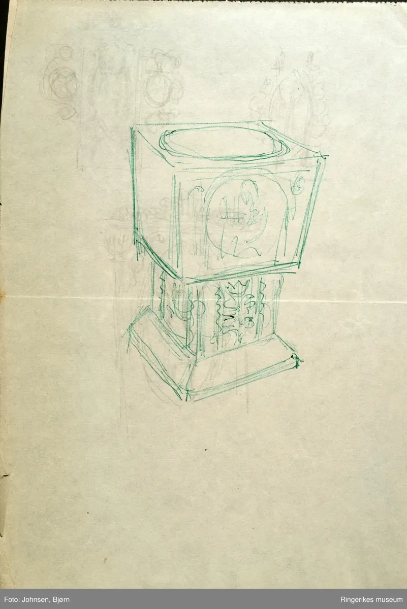 Tegning av Ståle Kyllingstad. Ant. tegninger og skisser til nye døpefont til Norderhov kirke.