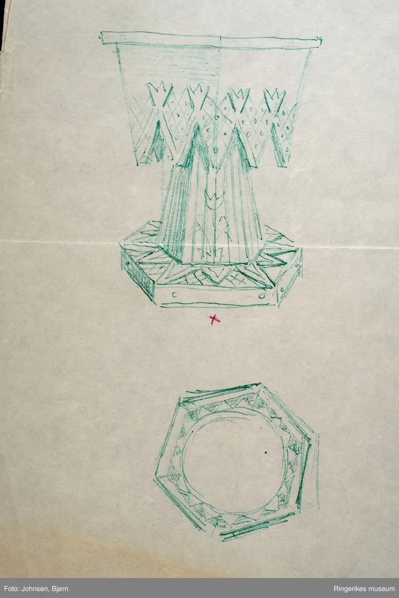 Tegning av Ståle Kyllingstad. Ant. tegninger og skisser til nye døpefont til Norderhov kirke.