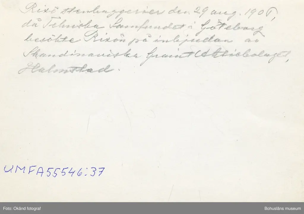 "Rixö Stenhuggerier den 29 aug. 1906 då Tekniska Samfundet i Göteborg besökte Rixön på inbjudan av Skandinaviska Granit Aktiebolaget, Halmstad." 