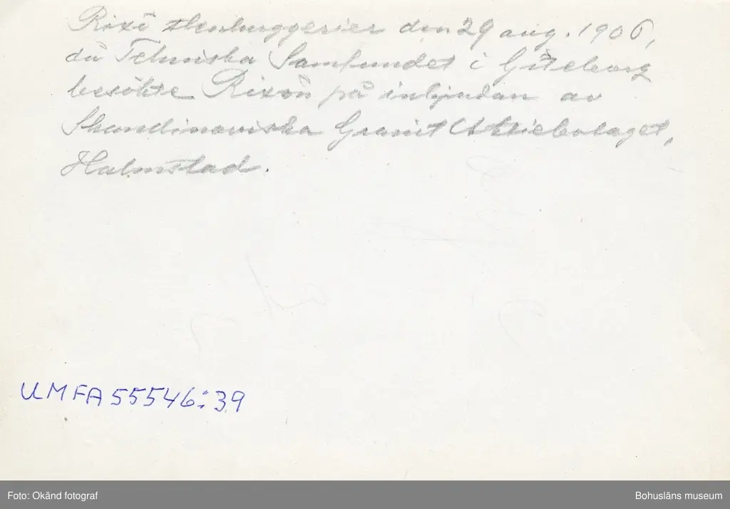 "Rixö Stenhuggerier den 29 aug. 1906 då Tekniska Samfundet i Göteborg besökte Rixön på inbjudan av Skandinaviska Granit Aktiebolaget, Halmstad." 