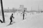 Skidåkning i spår vid F 19, Svenska frivilligkåren i Finland. Två män i spåret.