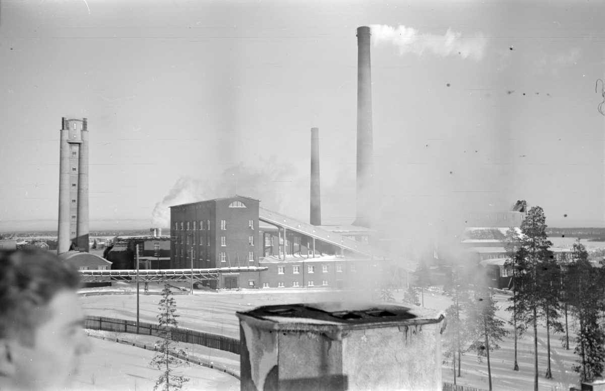 Pappersmassefabriken i Veitsiluoto vid F 19, Svenska frivilligkåren i Finland. En man och en skorsten syns i förgrunden.