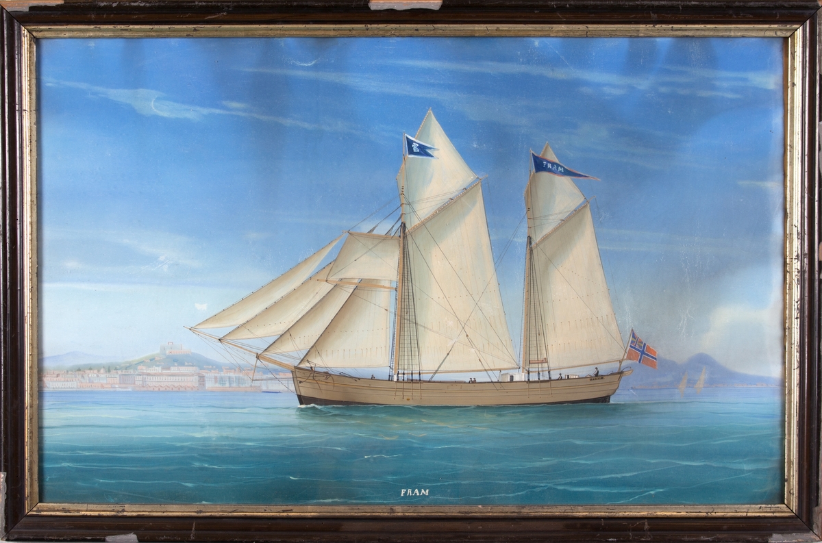 Skipsportrett av galeas FRAM, muligens utenfor Napoli med Vesuvs helt til høyre i motivet.