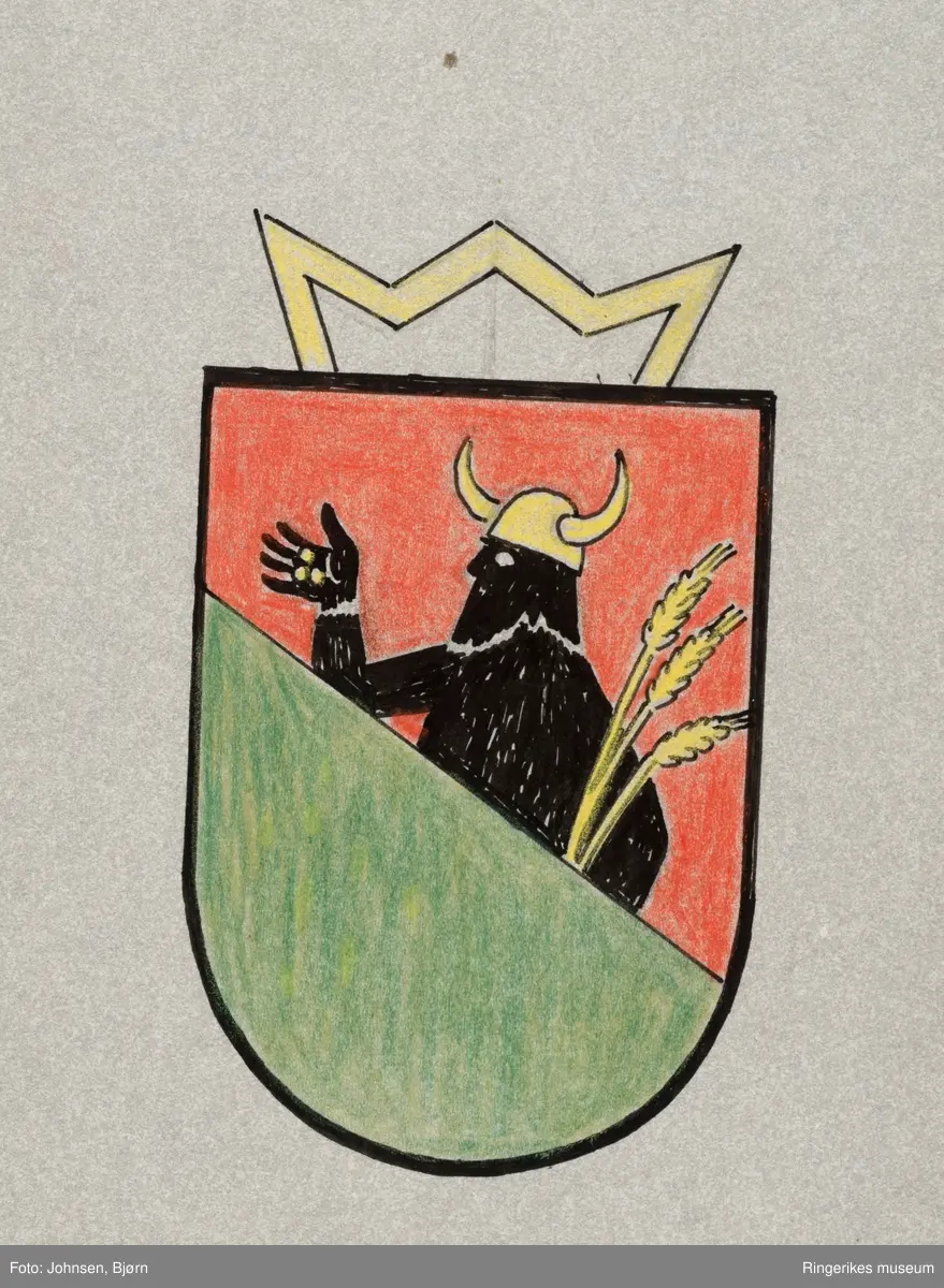 Ståle Kyllingstad. 
Skisseprosjekt angående nytt kommunevåpen for Norderhov kommune. Rådhuset ble ferdigstilt i 1962 og planen var da at våpenet skulle pryde huset