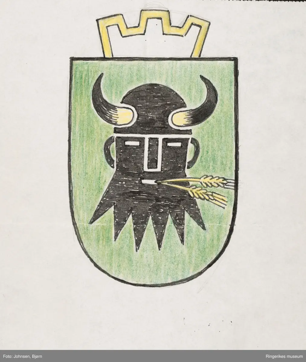 Ståle Kyllingstad. 
Skisseprosjekt angående nytt kommunevåpen for Norderhov kommune. Rådhuset ble ferdigstilt i 1962 og planen var da at våpenet skulle pryde huset
