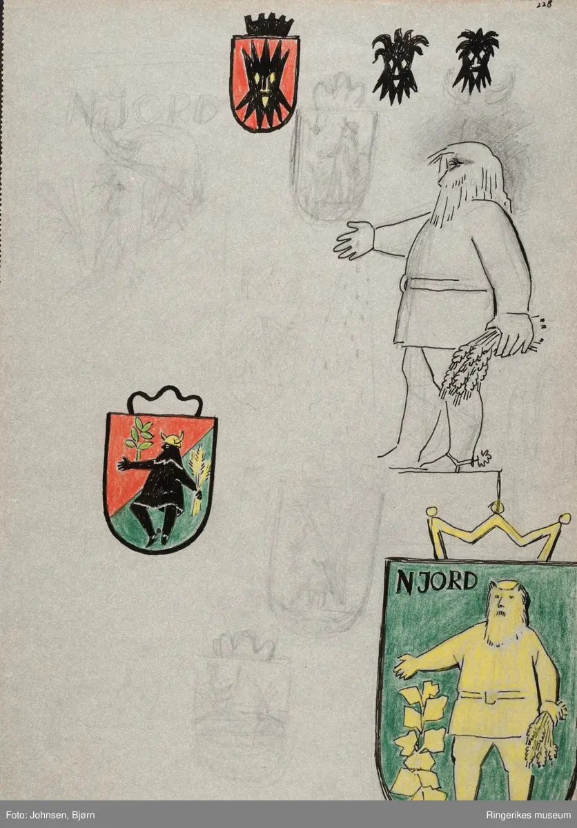 Ståle Kyllingstad. 
Skisseprosjekt angående nytt kommunevåpen for Norderhov kommune. Rådhuset ble ferdigstilt i 1962 og planen var da at våpenet skulle pryde huset