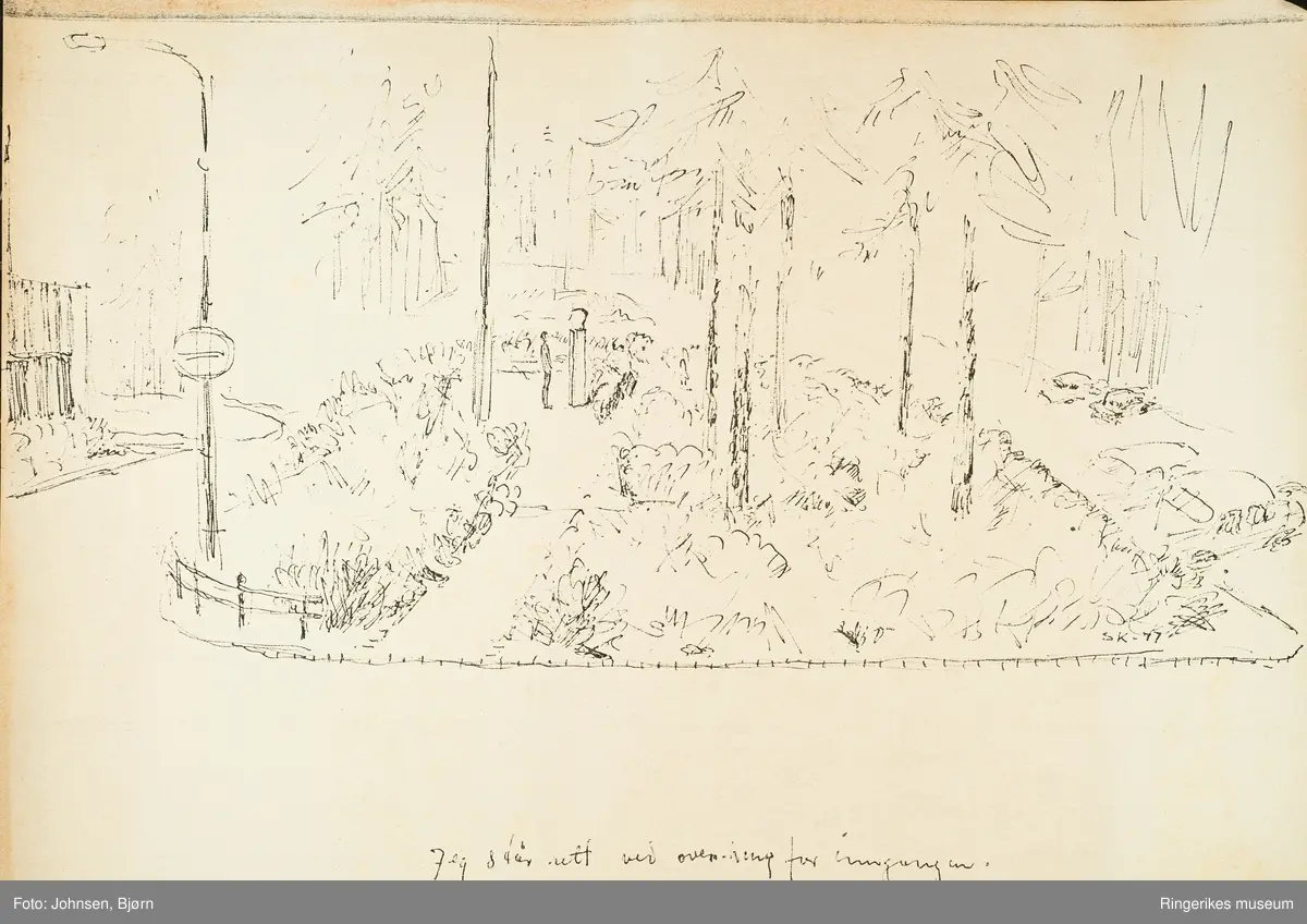 Skisse på utsmykning i Søndre park i Hønefoss
med bysten av Anton Solbakken, tidligere ordfører i Ringerike. Mest kjent for lokalsykehuset.