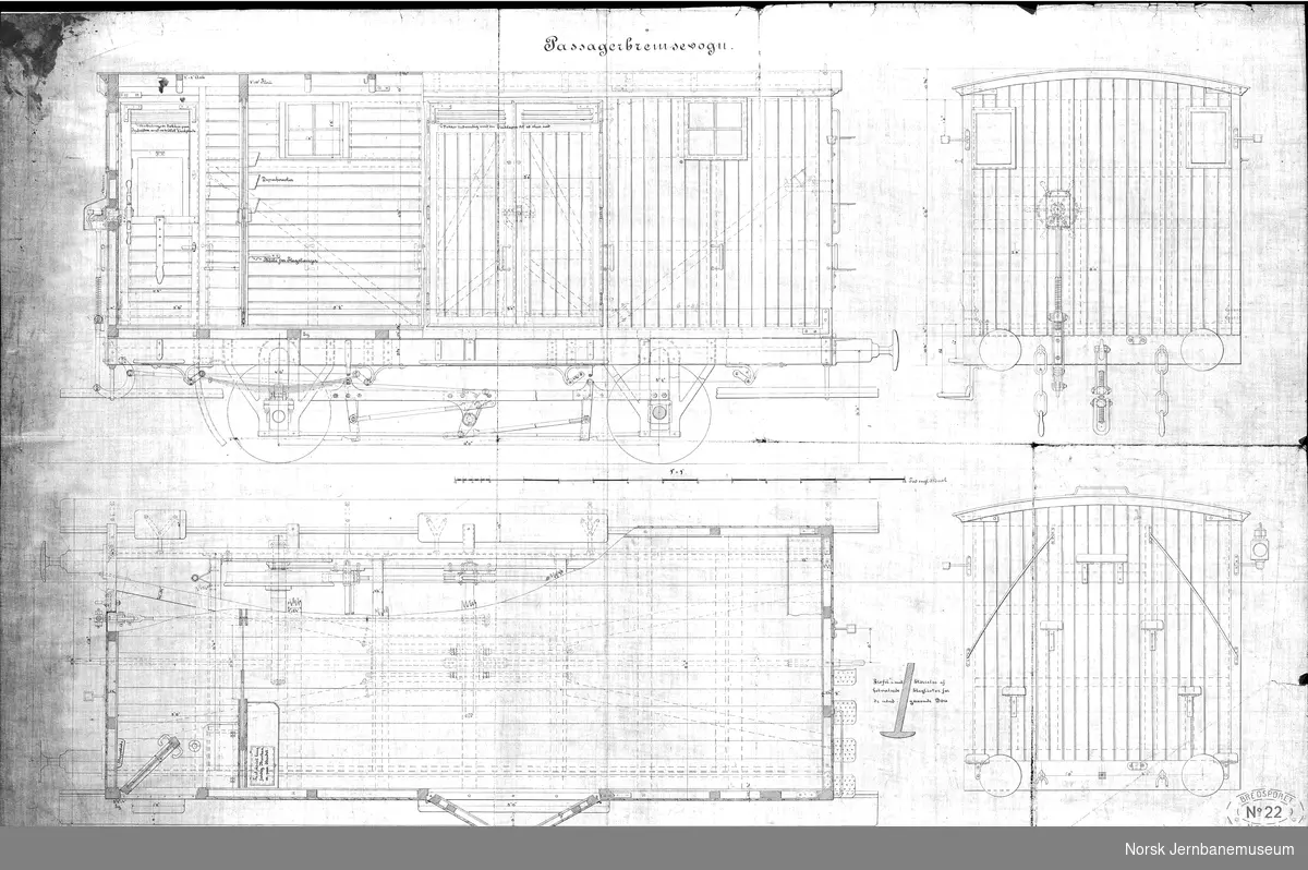 Passagerbremsevogn. 
Tegning fra 1879, kopiert 1882