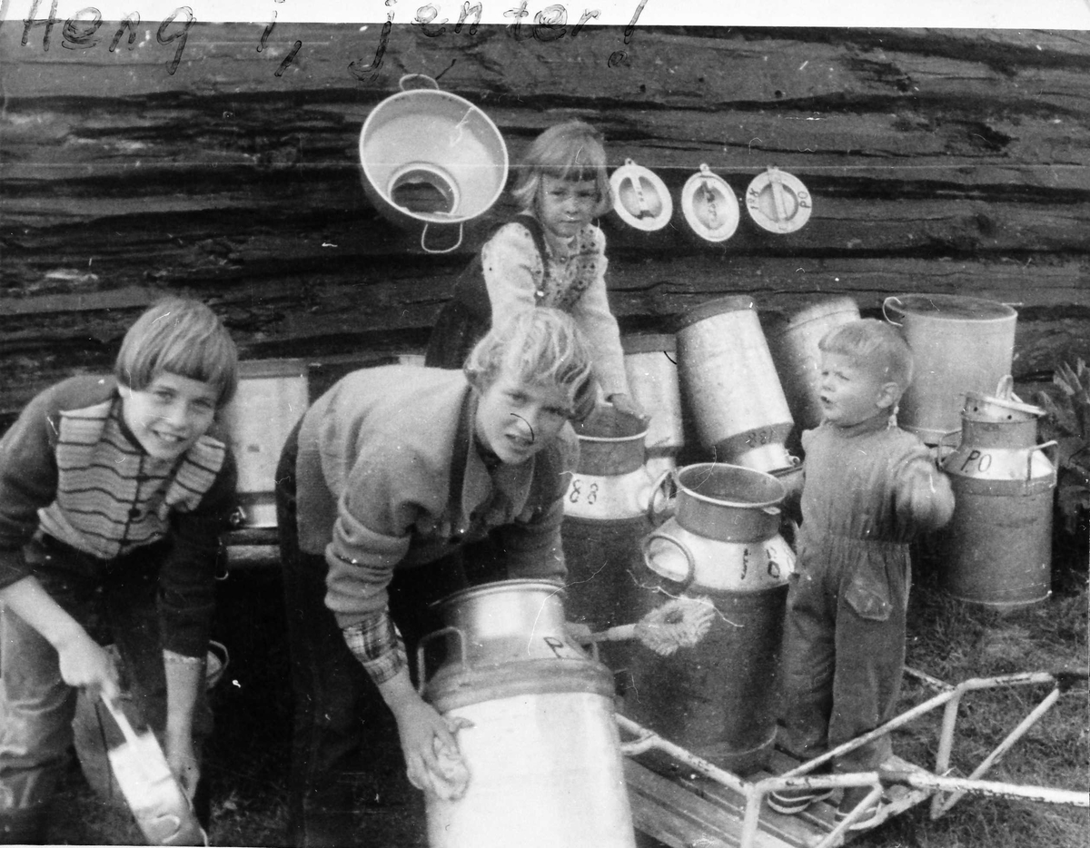 Budeier i alle aldre, mjølkespann. 
Spannvask på setra. Solveig Sundquist, Torp. Ane. Lisabet Langøien, Birgit Sundquist, Godøy. Gunnar Sundquist. 
Tololvollen, Osåsene 1956.