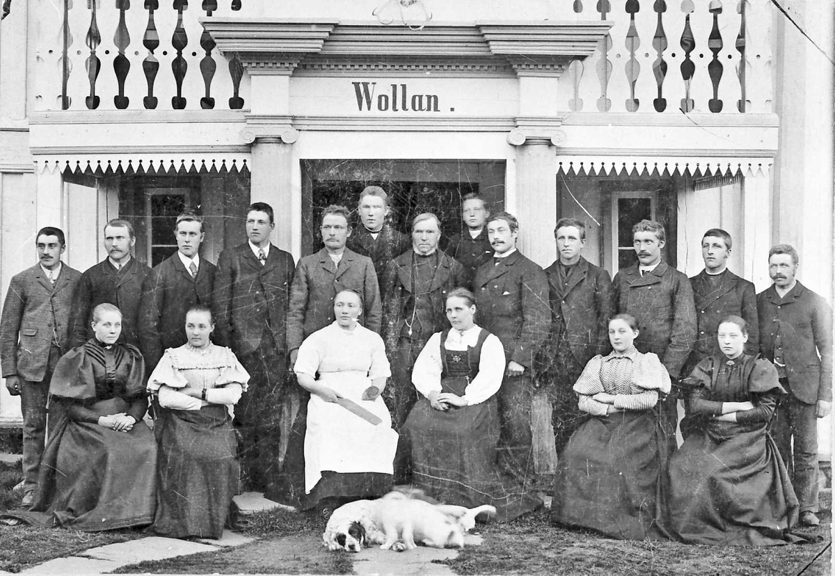 Gruppebilde, personer, hund. Arbeidsfolket på Vollan Gård i 1895. 