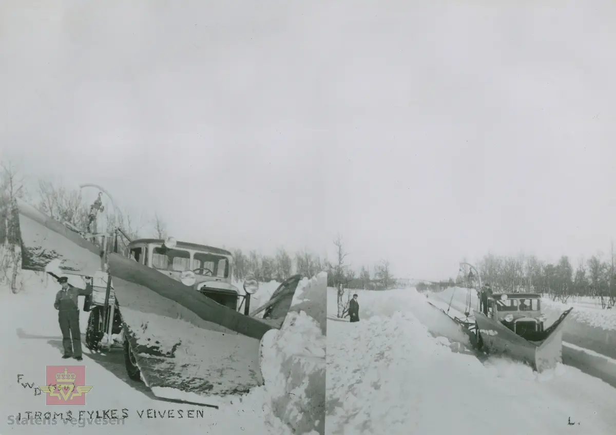 Snøbrøyting med FWD lastebil modell SSU, med spissplog og sideplog vinteren 1937. Mannen på planet betjener plogen ut og inn, og i høyden. Klikk på pilen til høyre for å se flere bilder. Bilde nr. 2 viser FWD brøytebil i arbeid med sideplog. Bilde nr. 3 viser FWD brøytebil. Bilde nr. 4 har påskrevet tekst på bildet :" I Troms Fylkes Veivesen".  Disse 4 bildene er fra Colbjørnsen & Co A/S sitt album. Men det kan tenkes at brøytebildene som vises her er fra Narvik, da strekningen Narvik - Tromsø ved Takvand er merket i albumet til tidligere vegdirektør Andreas Baalsrud "Mindealbum fra Troms". Et album han fikk fra deltagerne i Vei og Jernbanekommiteens reise i 1937, og som blant annet viser samme brøytebilder. Bilde nr. 5 og nr. 6 er fra vegdirektør Baalsruds Minnealbum fra Troms 1937. 

Ref. til artikkel i "Vegvesenets redskaper og maskiner 1941," av overingeniør Johs. Eggen, side 131. Merk "Fig. 212. Forplog og kantplog. Vegvesenet i Troms fylke. Kantplogen henger i en david." Jf. side 137. Se vedlegg i Nedlastinger for mer informasjon om ploger.