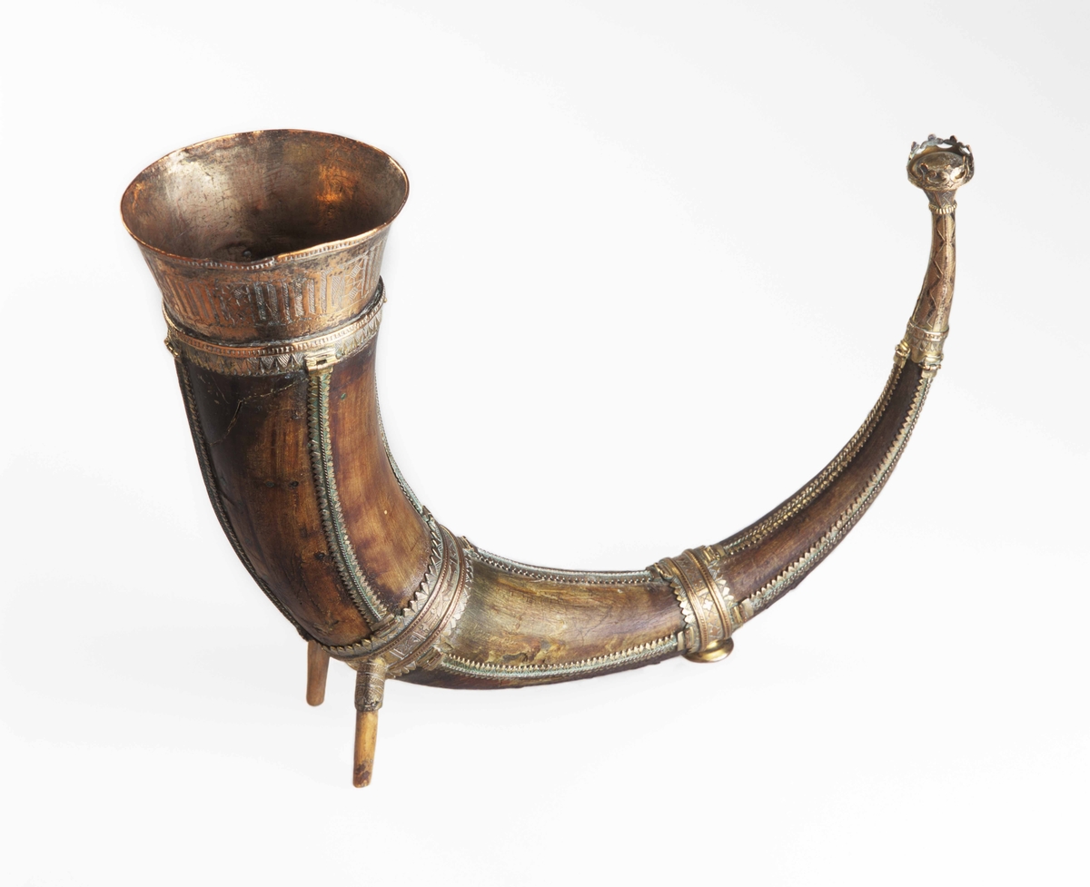 Drikkehorn med metallbeslag rundt kanten, to ringer rundt hornet, et beslag på spissen og smale langsgående beslag. Den største ringen har fester for støttebein. De nåværende beina er ikke de opprinnelige. Beslagene er av forgylt bronse. Krone i spissen. Graverte beslag med geometriske border.