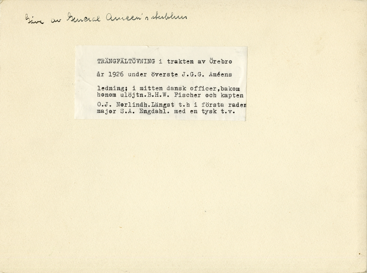Terrängfältövning i Örebrotrakten under överste Johan Gustaf Gerhard Améens ledning, 1926.
För namn, se bild nr. 3.