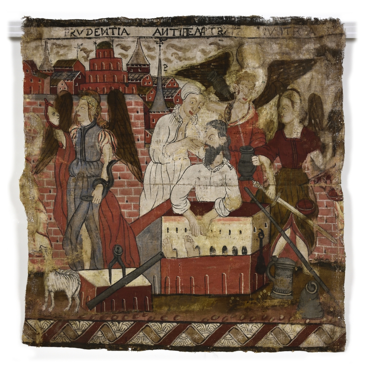 Mittmotivet utgörs av Caritas Romana, berättelsen om Pero som livnär sin fängslade far Cimon med mjölk från sina bröst. Samlade kring dem står dygdena Prudentia hållandes spegel och slingrande orm, Temperentia hällandes vatten i vinkrus samt Justitia med attributen svärd, våg, mått, mål och vikt. I nedre vänstra hörnet skymtar Patientias lamm.