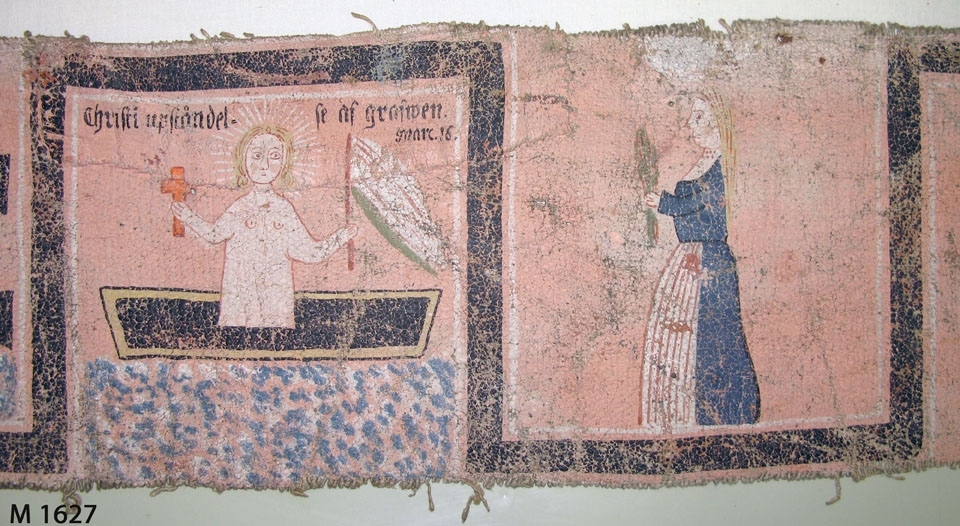 Bonadsmålning av Sven Nilsson (1800-1861) från Härnäs i Blekinge, med religiösa motiv. Målad med tempera - pigment, ägg och ev. mjöl (Nyström 2012:150-151) - på lite grövre tuskaftvävt linnetyg.

Föreställande Väktaren, Christi uppståndelse, Christi korsfästelse, 
Christus bär sitt kors, Christus hudflänges, Petrus nekar, svär och gråter, 
Christus förrådes av Judas.
Inskrivet i huvudkatalogen 1892-1900.

se Eva Kjerström-Sjölin, "Trane-Sven. Bonadsmålaren Sven Nilsson i Härnäs", Blekingeboken 1971.