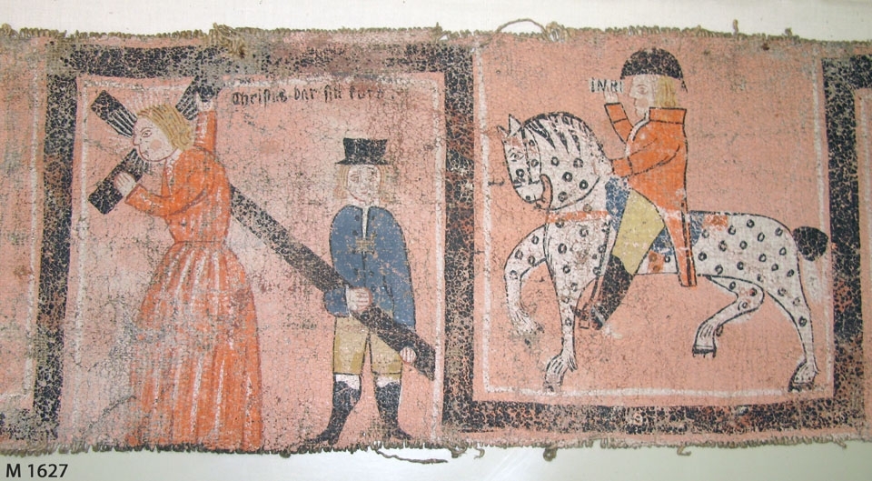 Bonadsmålning av Sven Nilsson (1800-1861) från Härnäs i Blekinge, med religiösa motiv. Målad med tempera - pigment, ägg och ev. mjöl (Nyström 2012:150-151) - på lite grövre tuskaftvävt linnetyg.

Föreställande Väktaren, Christi uppståndelse, Christi korsfästelse, 
Christus bär sitt kors, Christus hudflänges, Petrus nekar, svär och gråter, 
Christus förrådes av Judas.
Inskrivet i huvudkatalogen 1892-1900.

se Eva Kjerström-Sjölin, "Trane-Sven. Bonadsmålaren Sven Nilsson i Härnäs", Blekingeboken 1971.