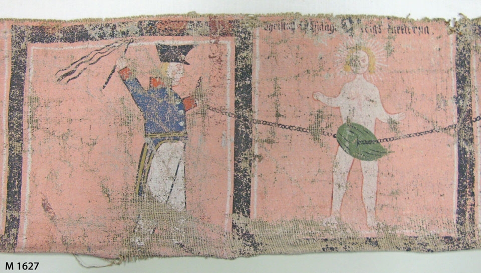 Bonadsmålning av Sven Nilsson (1800-1861) från Härnäs i Blekinge, med religiösa motiv. Målad med tempera - pigment, ägg och ev. mjöl (Nyström 2012:150-151) - på lite grövre tuskaftvävt linnetyg.

Föreställande Väktaren, Christi uppståndelse, Christi korsfästelse, 
Christus bär sitt kors, Christus hudflänges, Petrus nekar, svär och gråter, 
Christus förrådes av Judas.
Inskrivet i huvudkatalogen 1892-1900.

se Eva Kjerström-Sjölin, "Trane-Sven. Bonadsmålaren Sven Nilsson i Härnäs", Blekingeboken 1971.