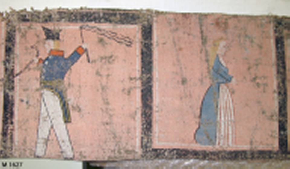 Bonadsmålning av Sven Nilsson (1800-1861) från Härnäs i Blekinge, med religiösa motiv. Målad med tempera - pigment, ägg och ev. mjöl (Nyström 2012:150-151) - på lite grövre tuskaftvävt linnetyg.

Föreställande Väktaren, Christi uppståndelse, Christi korsfästelse, 
Christus bär sitt kors, Christus hudflänges, Petrus nekar, svär och gråter, 
Christus förrådes av Judas.
Inskrivet i huvudkatalogen 1892-1900.

se Eva Kjerström-Sjölin, "Trane-Sven. Bonadsmålaren Sven Nilsson i Härnäs", Blekingeboken 1971.