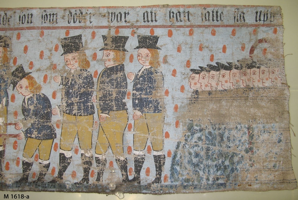 Bonadsmålning av Sven Nilsson, 1833 (Eva Kjerström-Sjölin, 1971:82) med religiösa motiv. Målad med tempera - pigment, ägg och ev. mjöl (Nyström 2012:150-151) - på tuskaftvävt linnetyg med blå varpränder. Har troligen suttit ihop med M 10615-a med de gemensamma motiven enligt registerkortet - Jesu inridande i Jerusalem, Christi frestelse av djävulen, änkans son i Nain, Jesu bergspredikan, "Soli Deo gloria" samt försedd med inskrift.

Inskrivet i huvudkatalogen 1892-1900.