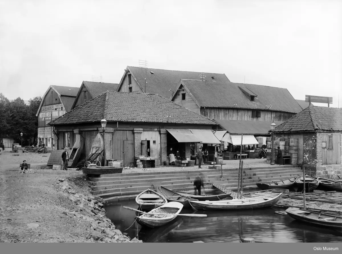 havn, robåter, Fiskehallen, mennesker, sjøboder