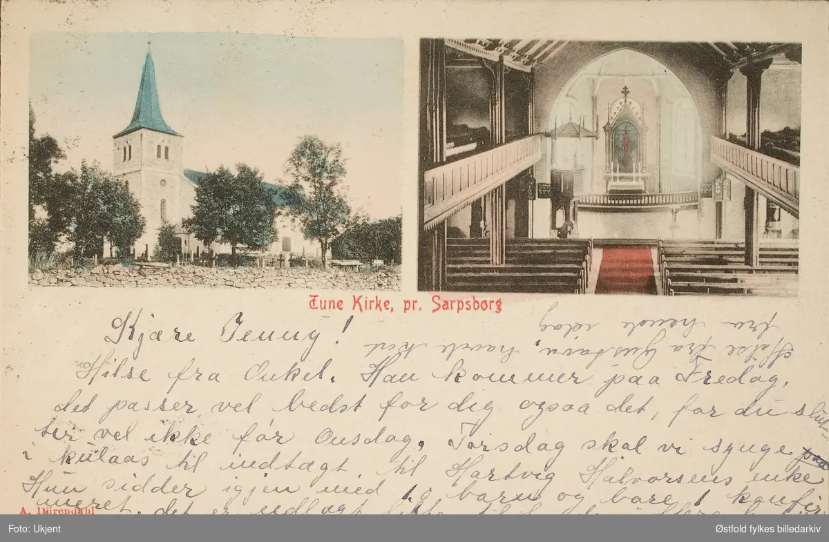 Postkort, kolorert lystrykk av Tune kirke, eksteriør og interiør, Poststemplet 1905.