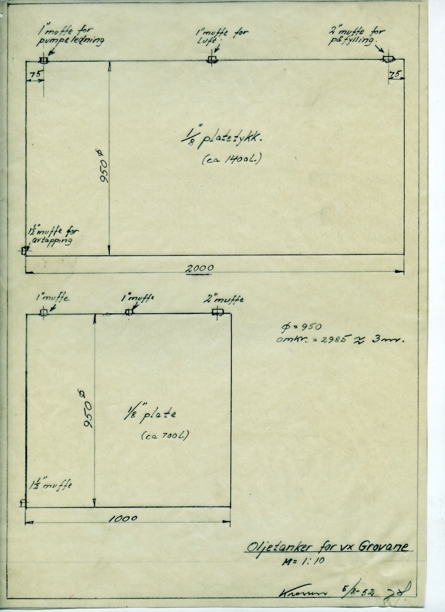 Arbeidstegning på kalkerpapir for oljetanker til verksted Grovane fra 1952.