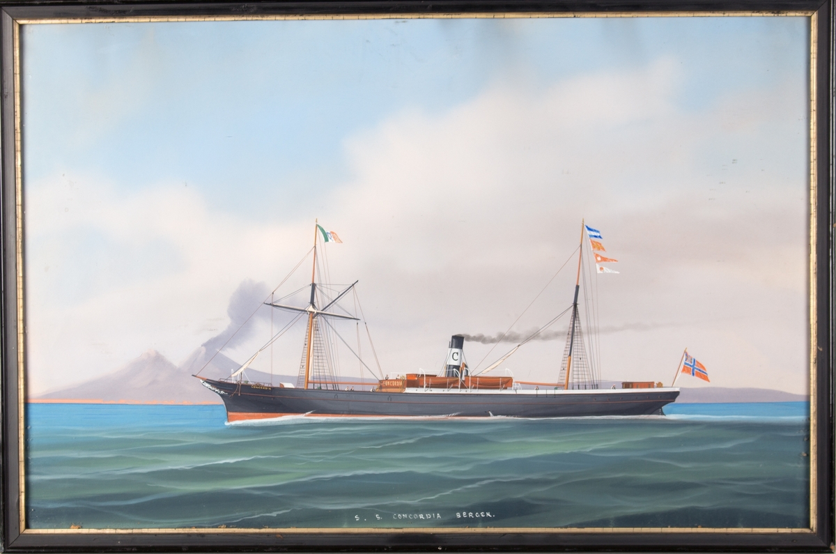 Skipsportrett av DS CONCORIDA under fart ved innseilingen til Napoli med vulkanen Vesuv i bakgrunnen. Fører kongeriket Italias flagg (18161-19146) i for masten samt unionsflagg akter. Fører fire flagg og vimpler i stormasten (Jeg er i brann og har farlig last ombord, Hold klar av meg. Jeg har mottatt ditt signal, Pennant nr. 1)