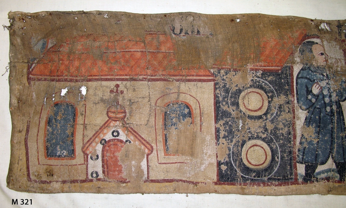 Bonadsmålning från Brearedsgruppen med religiöst motiv i blått, rött, orange och gult målad med tempera på tuskaftvävt linnetyg - pigment och ägg/äggula plus ev mjöl. De gröna pigmenten kan vara orpiment eller schweinfurtergrönt båda innehållande arsenik (Nyström 2012:150-151).

Bonaden är troligen målad av Johannes Nilsson (1757-1827) verksam i Gyltige, Breared socken eller hans elev Anders Pålsson (1781-1849) verksam i Trönninge söder om Halmstad. Bonaden är märkt Breared PPS i övre höger hörn vilka initialer inte liknar någon känd bonadsmålare förutom de sista PS i Anders Pålsson. Men stilen vid jämförelse med andra bonadsmålningar liknar mer Johannes Nilssons än Anders Pålssons.