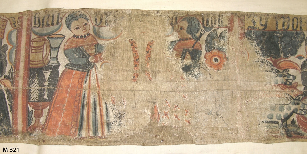 Bonadsmålning från Brearedsgruppen med religiöst motiv i blått, rött, orange och gult målad med tempera på tuskaftvävt linnetyg - pigment och ägg/äggula plus ev mjöl. De gröna pigmenten kan vara orpiment eller schweinfurtergrönt båda innehållande arsenik (Nyström 2012:150-151).

Bonaden är troligen målad av Johannes Nilsson (1757-1827) verksam i Gyltige, Breared socken eller hans elev Anders Pålsson (1781-1849) verksam i Trönninge söder om Halmstad. Bonaden är märkt Breared PPS i övre höger hörn vilka initialer inte liknar någon känd bonadsmålare förutom de sista PS i Anders Pålsson. Men stilen vid jämförelse med andra bonadsmålningar liknar mer Johannes Nilssons än Anders Pålssons.