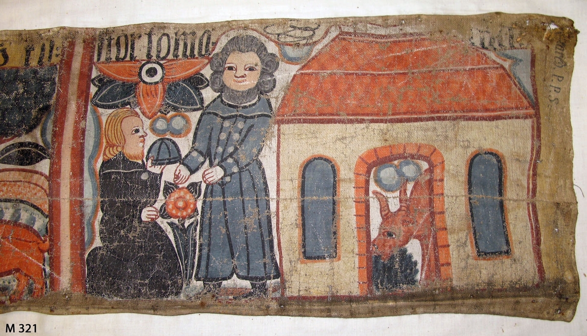 Bonadsmålning från Brearedsgruppen med religiöst motiv i blått, rött, orange och gult målad med tempera på tuskaftvävt linnetyg - pigment och ägg/äggula plus ev mjöl. De gröna pigmenten kan vara orpiment eller schweinfurtergrönt båda innehållande arsenik (Nyström 2012:150-151).

Bonaden är troligen målad av Johannes Nilsson (1757-1827) verksam i Gyltige, Breared socken eller hans elev Anders Pålsson (1781-1849) verksam i Trönninge söder om Halmstad. Bonaden är märkt Breared PPS i övre höger hörn vilka initialer inte liknar någon känd bonadsmålare förutom de sista PS i Anders Pålsson. Men stilen vid jämförelse med andra bonadsmålningar liknar mer Johannes Nilssons än Anders Pålssons.