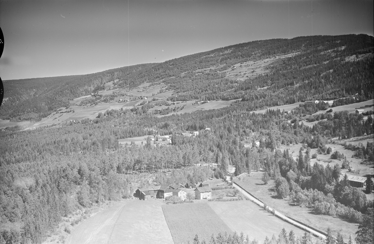 Aronsveen i Øyer, stabbur, li med gårder, jordbruk, slåttonn, hesjing, blandingsskog