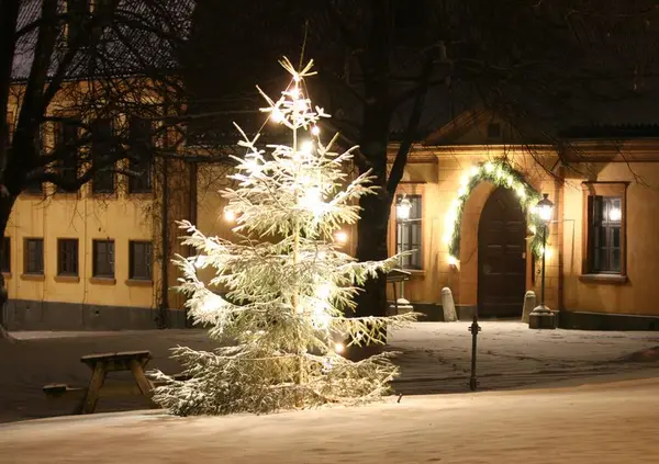 Et juletre utenfor inngangen til hovedhuset på Bogstad gård. 