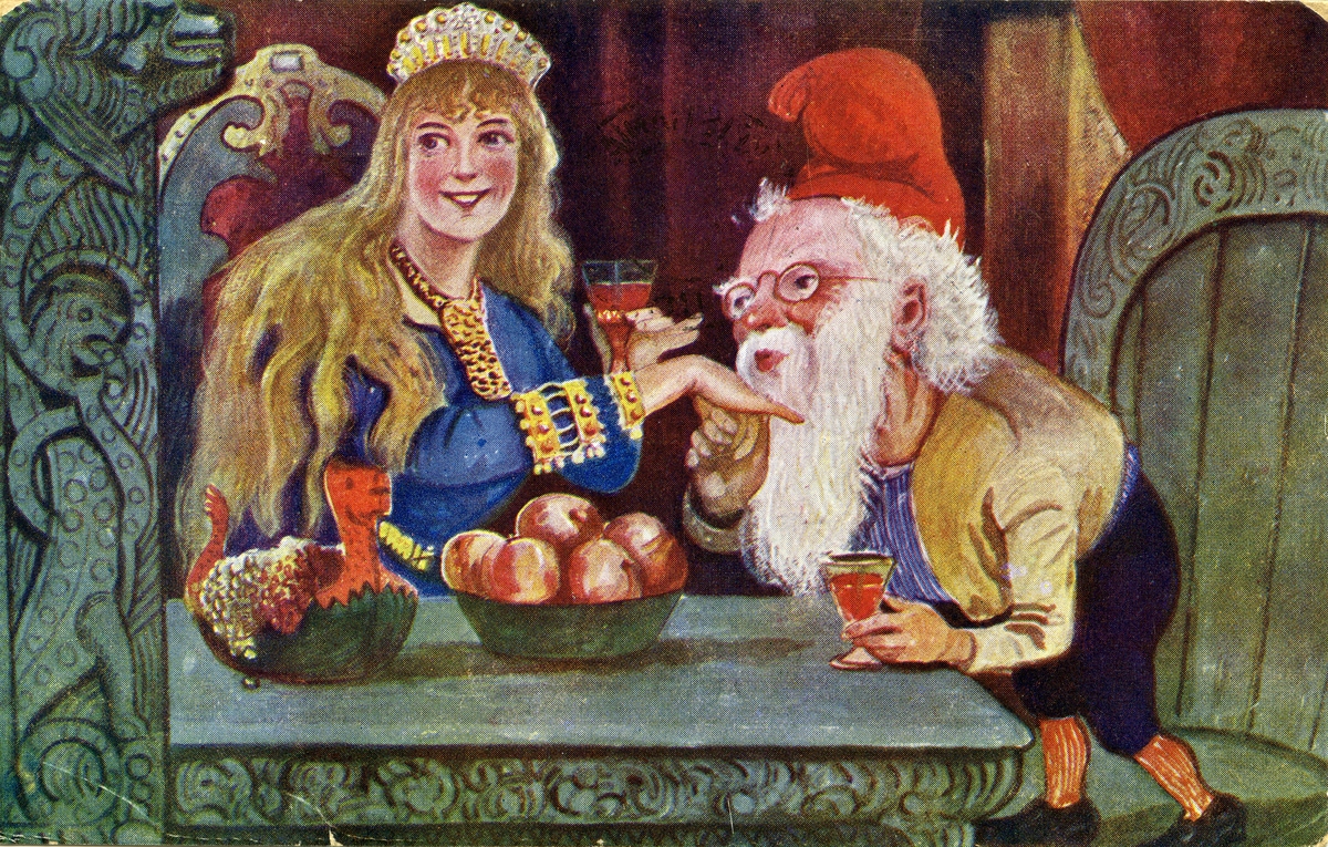 Julekort. Jule- og nyttårshilsen. Ung kvinne med tiara kysses på hånden av en gammel nisse. På bordet en ølhøne og bolle med epler. Dekor i dragestil på bord, rundt dør og på kortets ene side. Stemplet 24.12.1917.