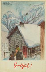 Julekort. Jule- og nyttårshilsen. Vintermotiv. Kvinne og man