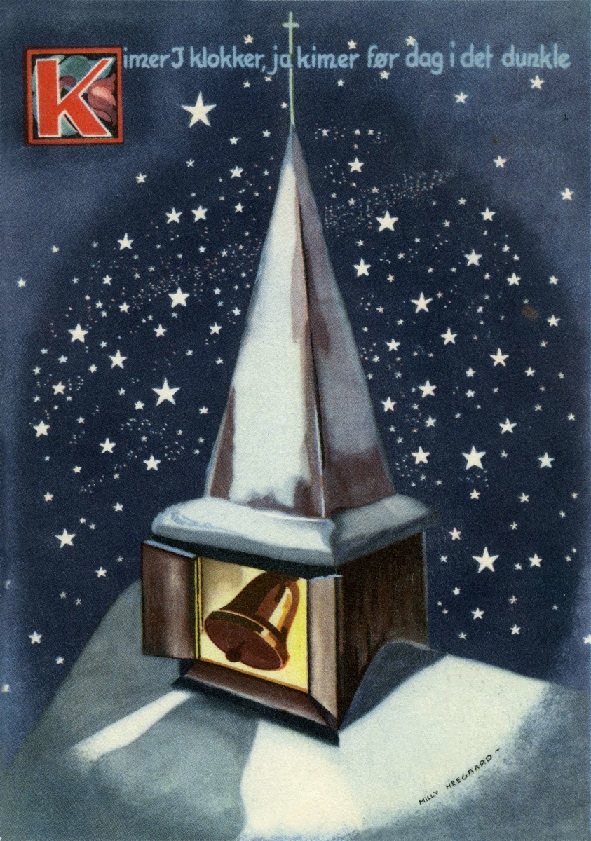 Julekort. Jule- og nyttårshilsen. Tegning. Et klokketårn omgitt av mange stjerner. Tekst på kortet "Kimer i klokker, ja kimer før dag i det dunkle". Stemplet 20.12.1943.