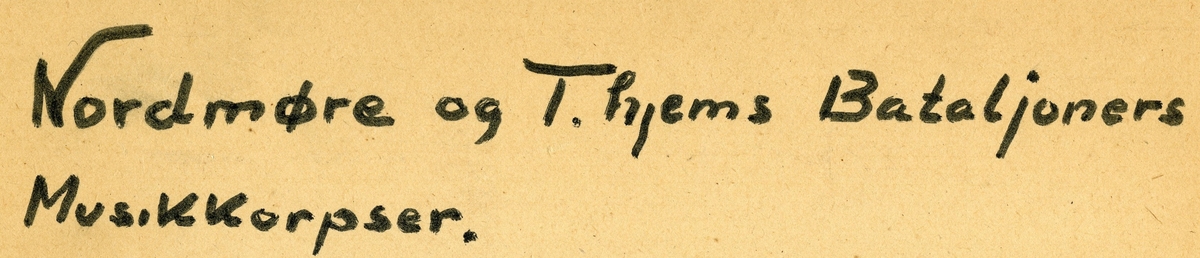 Gruppebilde utendørs av Nordmøre og Tronhjems Bataljoners Musikkorpser. 
Datering: etter 1894.