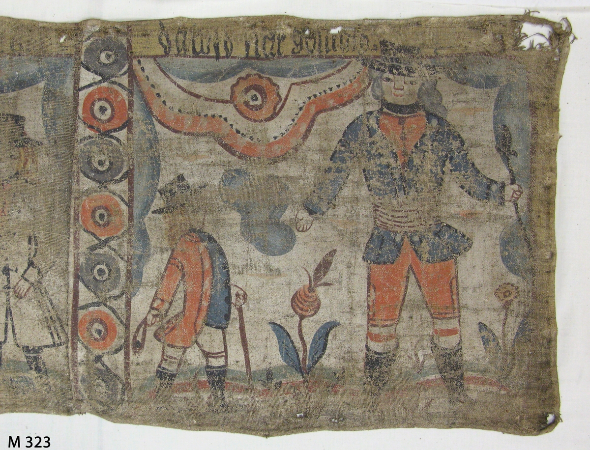 Bonadsmålning i tempera på tuskaftvävt linnetyg - pigment och ägg/äggula plus ev mjöl. Med religiösa motiv med Absaloms död och David och Goliat i blått, rött, orange och gult.

Eftersom den troligen kommer från Brearedsgruppens Johannes Nilsson (1757-1827) kan de gröna pigmenten vara orpiment eller schweinfurtergrönt vilka båda innehåller arsenik (Nyström 2012:150-151).

Inskrivet i huvudkatalogen 1886.