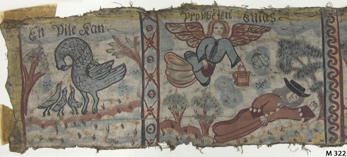 Bonadsmålning på grövre linnelärft målad i tempera - pigment, ägg och ev. mjöl - som framställer: 1) Pelikan, 2) Ängelns uppenbarelse för profeten Elias, 3) Simson och lejonet, 4) Två ryttare, 5) S:t Görans strid med draken.
Färger: blågrått, gråbrunt, något rött, vitt, ljust grågrönt och något gulvitt.

Inskrivet i huvudkatalogen 1886.