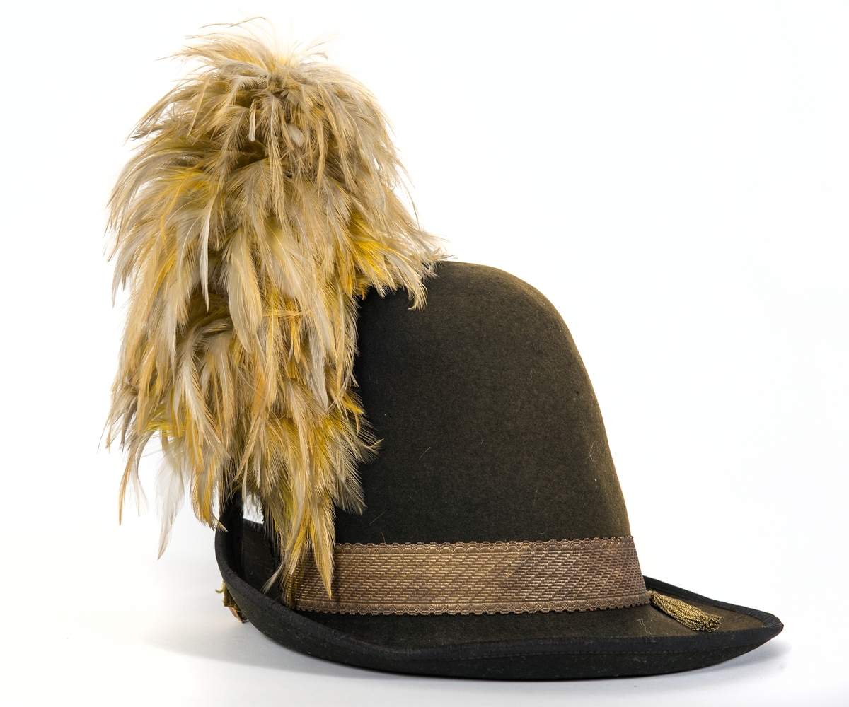 Hatt av svart kläde med hög kulle, breda brätten. Uppvikt framtill för fäste av gul sidenkokard och plym. Ofodrad. Svettrem av brunt läder. Bred guldgalon  med fransade  ändar runt hatten. Plym av gul hönsfjäder.