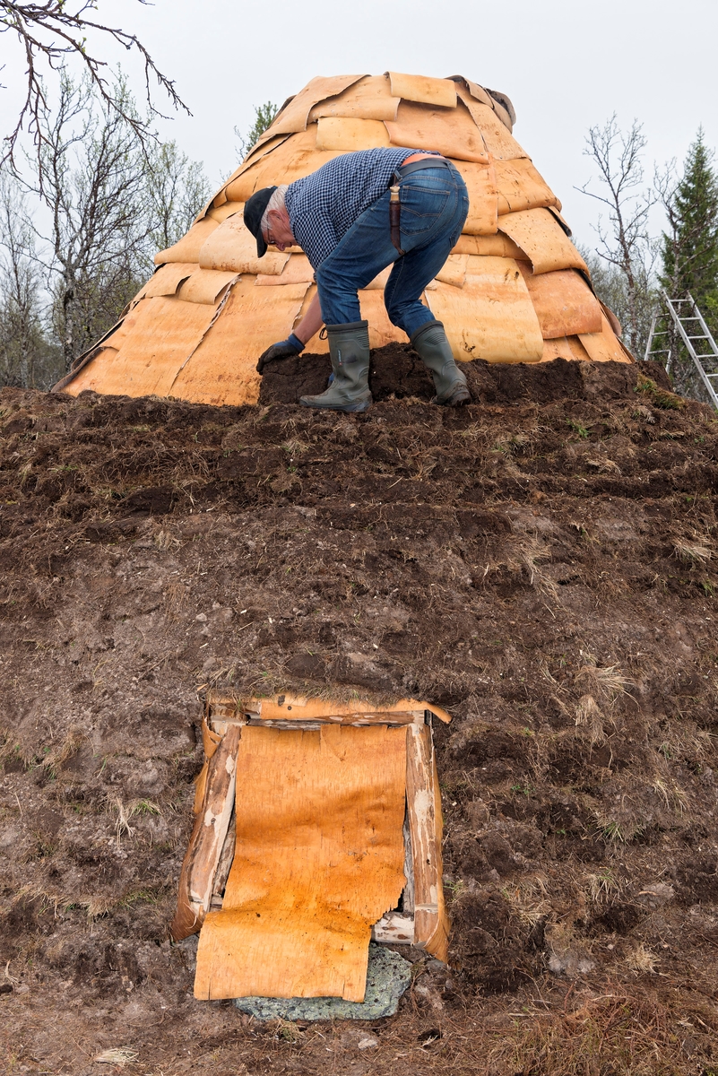 Bilde tatt i forbindelse med legging av torv på gamme. Fra gjenreisingen av Daniel Mortenssons vinterboplass ved Kjerran, Valdalsfjellet, Engerdal.  Knut Arvid Hagen. Rekonstuksjon av Daniel Mortensons vinterboplass. Rekonstruksjon av samisk boplass. I følge Jonas Danielsen ble Daniel Mortensons vintergammen oppført i løpet av perioden 1900— 1902. Svahken Sijte hadde et ønske om å gjenreise en vintergamme, daelvie-gáetie, i nærheten av gammetuften, og stedet som ble valgt til formålet ligger ca. 50 meter nord for den gamme tufta. Gamma sto ferdig i begynnelsen av juni 2017, og åpningen inngikk i jubileumsmarkeringen for samenes første landsmøte i 1917, Tråante 2017. Samisk vinterboplass. Samisk kultur og historie. Daniel Mortenson. Daniel Mortensson.