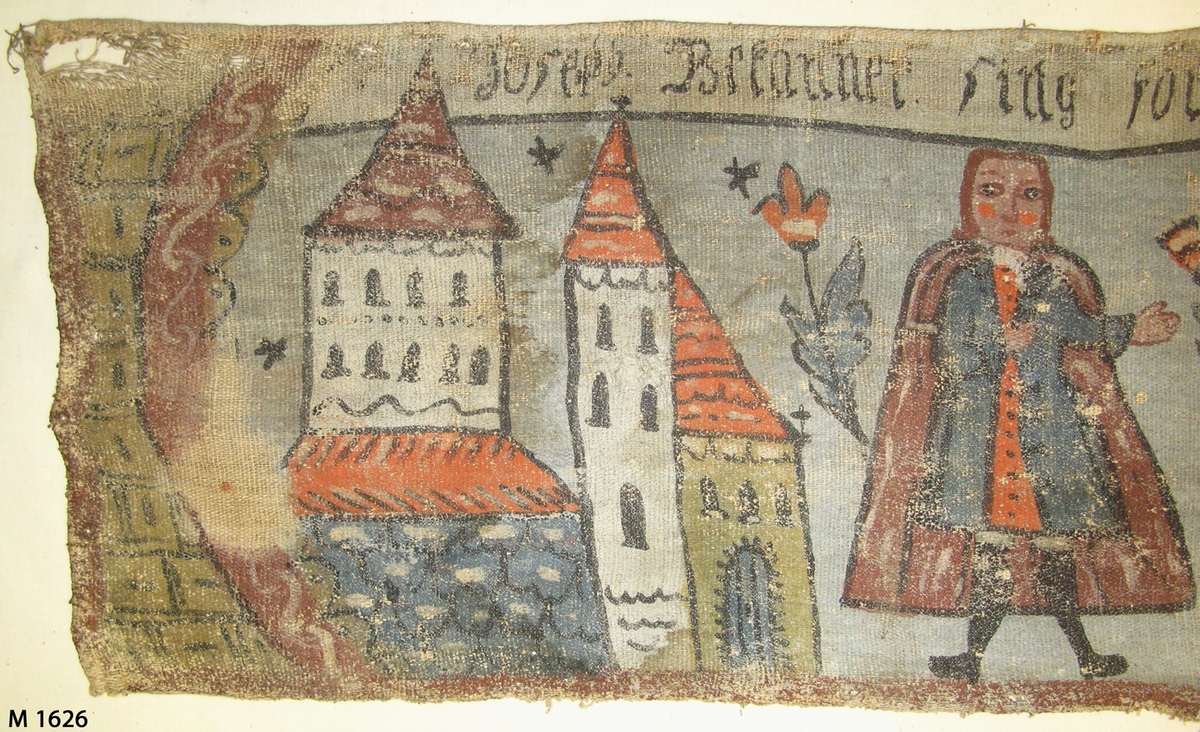 Bonadsmålning på linnelärft målad i tempera - pigment, ägg och ev. mjöl - framställande Josef som bekänner sig för sina bröder, 1. Mos 45. Figurmallar använts till män, hästar och blommor. Troligen målad av någon från Sunnerboskolan. 

Inskrivet i huvudkatalogen 1892-1900.