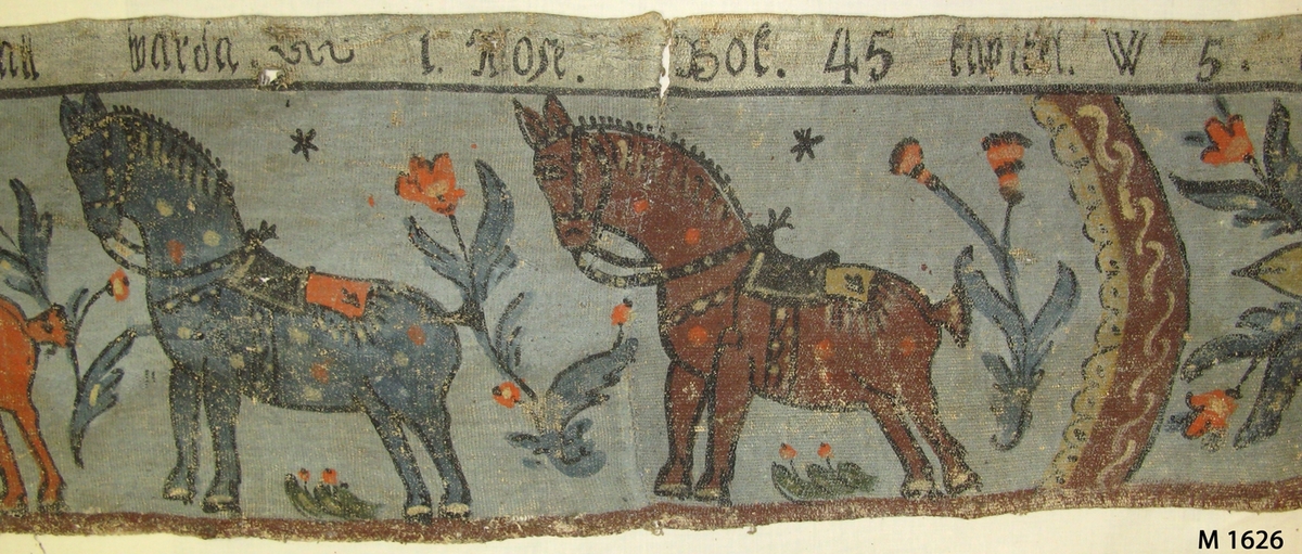 Bonadsmålning på linnelärft målad i tempera - pigment, ägg och ev. mjöl - framställande Josef som bekänner sig för sina bröder, 1. Mos 45. Figurmallar använts till män, hästar och blommor. Troligen målad av någon från Sunnerboskolan. 

Inskrivet i huvudkatalogen 1892-1900.
