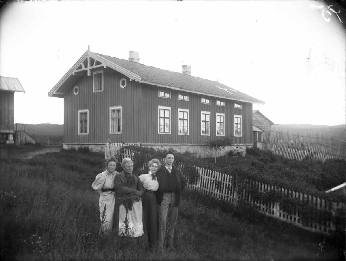 Rikard Berges fotoarkiv. Fire mennesker av Scheldrup familien fotografert på Rauland Prestegård, 1904. Fru Scheldrup til venstre.