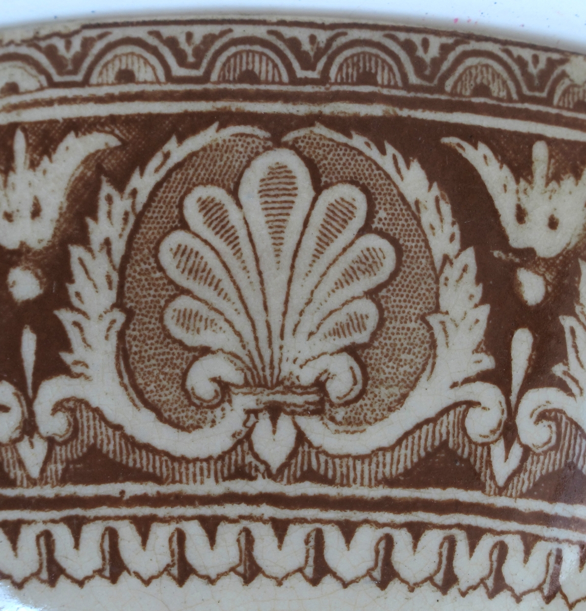 Bolle, stentøy, Buede sider, innsvunget fotring; trykt mønster i  brunt: Innv. og utv. bred ornamental bord m. skjell og "Garrya Eliptica" i bunnen lignende dekor, her er skjellene plassert i korsform i et rundt felt. Tilst. juli 1961: Krakellert.