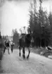 Man rider på häst på skogsväg och två män promenerar efter, sannolikt i Sverige