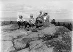 Christiane Liljefors med sina barn, Alf, Roland, Ingemar och Marit, uppe på berg, i bagkrunden ett sjölandskap, sannolikt i Sverige