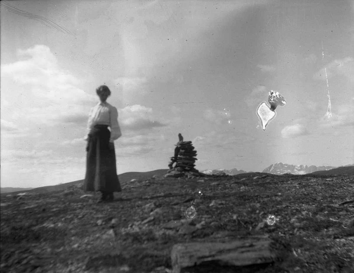 Rikard Berges fotoarkiv. 8 negativer. Gruppe mennesker på fjellet, kvinner i bunader.
