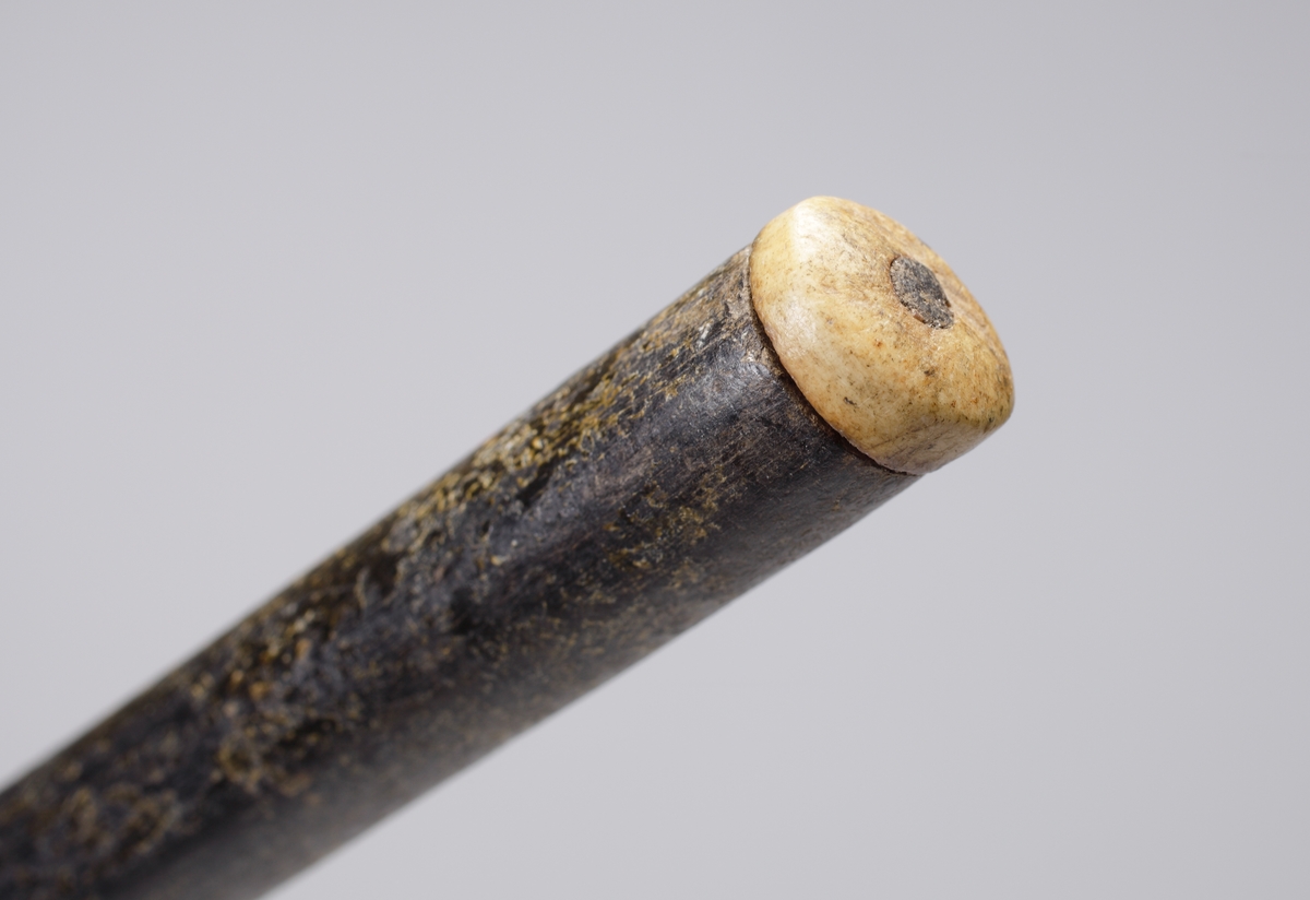 Promenadkäpp, s.k. spanskrör. 
Mörk, fernissad (?) käpp med delvis spiralvridet, snidat mönster och diamantskärningar. Knopp av silver med randad, något svängd dekor. På knoppens ovansida graverat ägarmonogram: "SEL" (?). Längst ner på käppen en skoning av ben. Stämplar längs nedre kanten av knoppen.